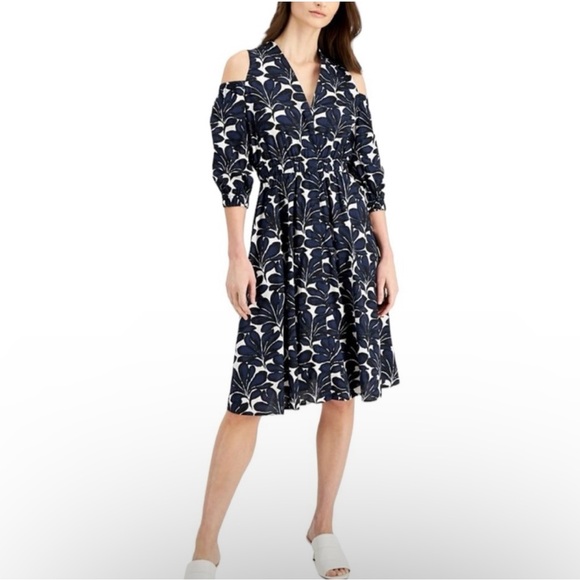 Donna Karan NWT Floral Print Cold Shoulder Dress Size 8 - Picture 2 of 12